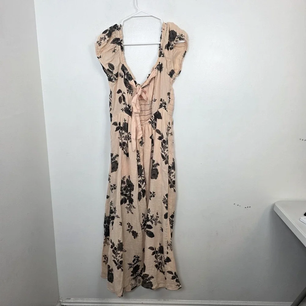 Free People Light Pink‎ Black Floral Coquette Forget Me Not Maxi Dress Size M